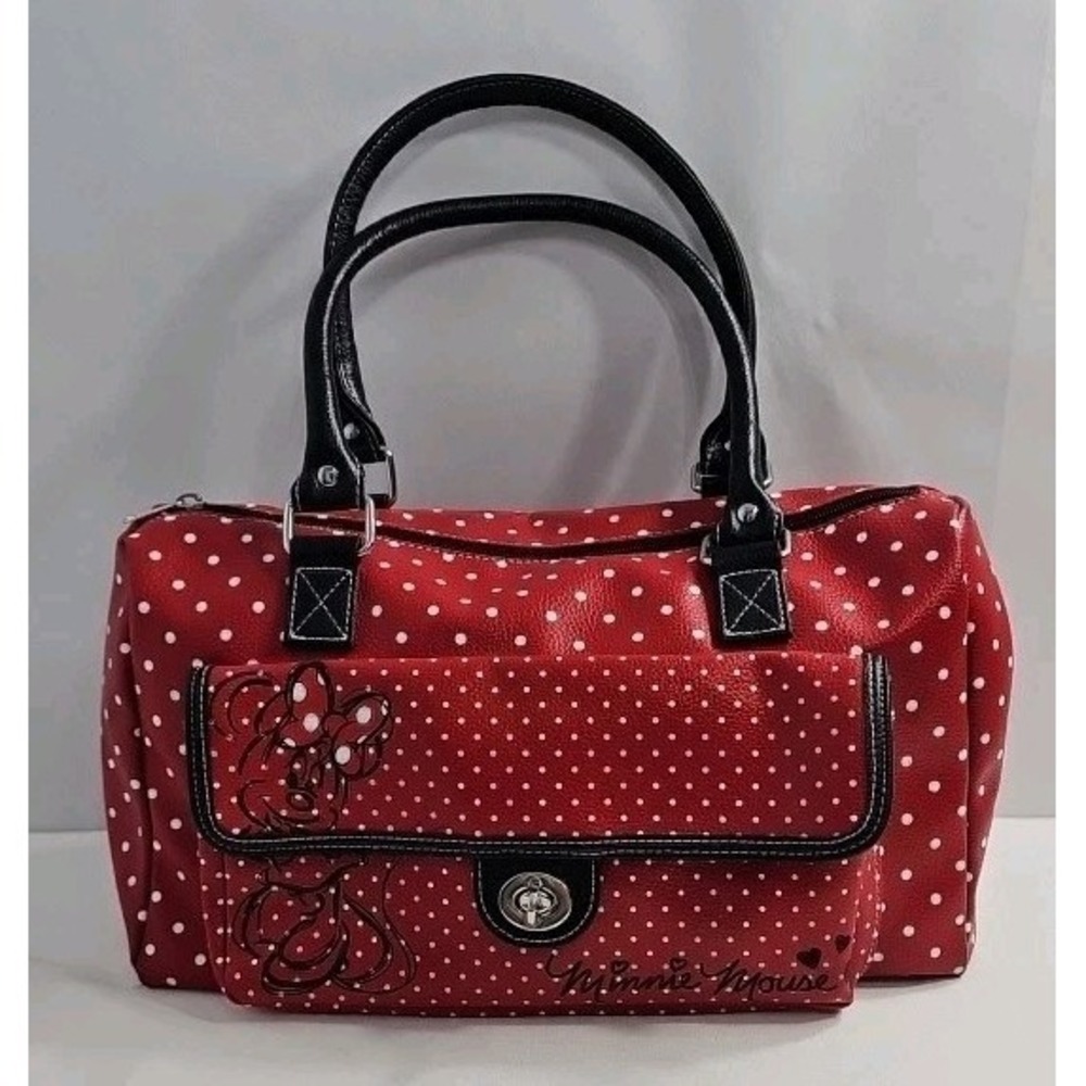 Disney Parks Minnie Mouse Handbag Purse Satchel Red Polka Dots Faux Leather -EUC